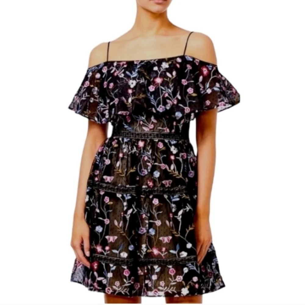ADRIANNA PAPELL Black Floral Embroidered Tiered Fit Off-the-Shoulder Dress NEW 6 - Picture 2 of 15